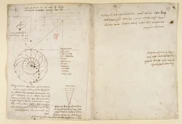 Arundel 263, f.44v, f.59 En skitse af et øje og en næse af et ansigt i profil; noter om vand, fra 