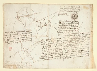 Arundel 263, f.64v Bagsiden af et enkelt stort blad, tidligere indbundet langs højre kant og foldet ind i notesbogen. Noter og diagrammer om optik, vedrørende Alhazens problem; skematisk skitse af et øjeæble ledsaget af noter vedrørende L