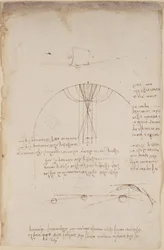 Arundel 263, f.85 Diagrammer over optik, angående refleksionens kaustik; note og skitse om mekanik, om slagtøjets kraft og med referencer til det aristoteliske princip 