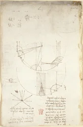 Arundel 263, f.85v Diagrammer over optik, angående refleksionens kaustik; note og skitse om mekanik, vedrørende slagtøjets kraft og med henvisninger til det aristoteliske princip 