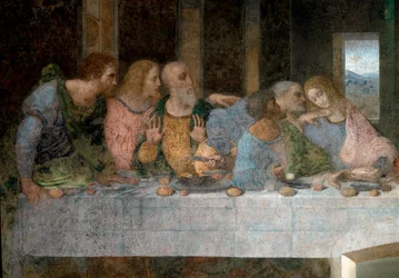 Detalje af den sidste nadver repræsenterende fra venstre mod højre Skt. Barthelemy, Jakob, søn af Alpheus, Andreas, Judas, Peter og Johannes. 1495 - 1498. Fresco af Leonardo da Vinci. Refektoriet Santa Maria delle gra