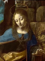 Detalje af Jomfruens hoved, fra Jomfruen på klipperne (Jomfruen med det lille barn Sankt Johannes tilbeder Kristusbarnet ledsaget af en engel), detalje, ca. 1508