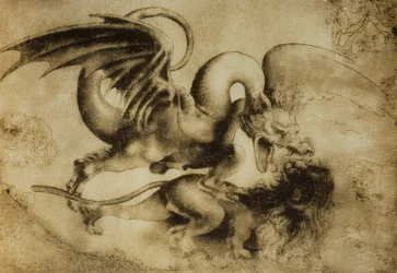 Drage, der dræber en løve, tegning af Leonardo da Vinci. Gabinetto dei Disegni e Stampe, Uffizierne, Firenze