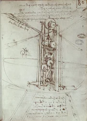 Tegning af flyvende fremdriftsmaskine. Manuskript af Leonard De Vinci (Leonardo da Vinci