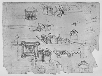 Tegninger af et firkantet slot, c1480 1945