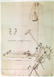 Uddrag af et Da Vinci-manuskript, der beskriver princippet og konstruktionen af en "maskine til indrykning af filer" (manuskript)