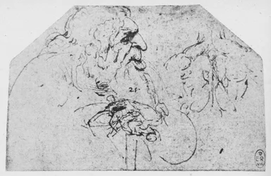 Halvlængde af en gammel mand, der læner sig op ad en pind, c1480 1945
