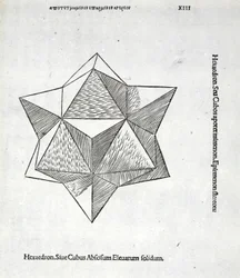 Hexaedron abscisum elevatum solidum, illustration fra "Divina Proportione" af Luca Pacioli (ca. 1445-1517), oprindeligt udgivet. Venedig, 1509