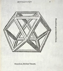 Hexaedron abscisum vacuum, illustration fra "Divina Proportione" af Luca Pacioli (ca. 1445-1517), oprindeligt udgivet. Venedig, 1509