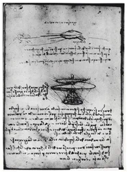 Paris Manuskript B, fol. 83v: Side med tekst og skitser til en flyvemaskine, 1488-90 (pen og blæk på papir)