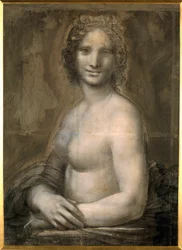 Studie af kvindelig nøgenfigur, sandsynligvis Mona Lisas nøgne buste, tilskrevet Mona Lisa. Tegning på brunt papir med sort kridt fra Leonardo da Vincis skole (1452-1519). Mål: 0.72 x 0.54 m. Chantilly, Musée Condé
