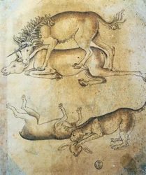 Enhjørning angriber en ko og leopard angriber et får, undersøgelse af dyr, af Leonardo da Vinci (1452-1519), tegning