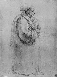 Hele længden af en gammel mand i profil til højre, c1480 1945