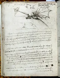 Vingetræning. Flyvende maskine tegning. Manuskript af Leonard De Vinci (Leonardo da Vinci