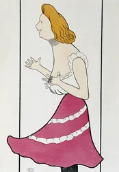 Skuespillerinden Mademoiselle Cassive i La Dame de Chez Maxim, af Georges Feydeau (1862-1921), karikatur 1899 (tegning)