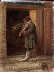 En musiker. (En tiggerviolinist spiller foran indgangen til en landbygning). Maleri af Leonid Ivanovich Solomatkin (1837-1883)