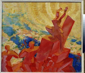 I solen (Til solen). Farvet landskab med en af ​​figurerne, der holder solen i hænderne. Maleri af Leonid Terentlevich Chupyatov (1890-1941). Olie på lærred