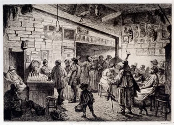 Indvendigt billede af den hvide kanin-kabaret" revet ned i 1860"" Gravering af Leopold Flameng (1831-1911) 1863 Paris, Musee Carnavalet