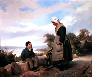 Bondekvinde og dreng (olie på lærred)