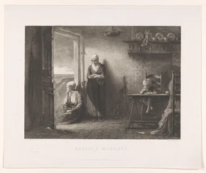 To kvinder og et barn i et fiskerhus i klitterne Efter stormen Anxious Moments (titel på objekt)