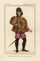 Pierre de Giac, kammerherre for kong Charles VII fra 1377-1426. Henrettet ved drukning ved Dun-Le-Roi. Han bærer en kort kasse med mahoiterærmer, lyserøde pantalons og støvler med sporer. Håndkoloreret litografi efter en miniature i et manuskript Histoire 
