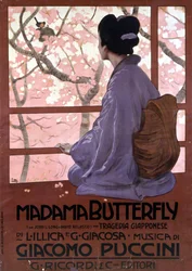 Plakat af Leopoldo Metlicovitz for ""Madame Butterfly"" af Giacomo Puccini produceret til første forestilling den 17. februar 1904.