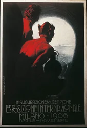 Plakat for den transalpine Simplontunnel på den internationale udstilling i Milano, april-november 1906