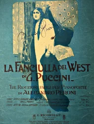 Titelside af Leopoldo Metlicovitz (1868-1944) af en klaverreduktion af Alessandro Peroni til operaen La fanciulla del West (Pigen fra det gyldne vest), af Giacomo Puccini (1858-1924)