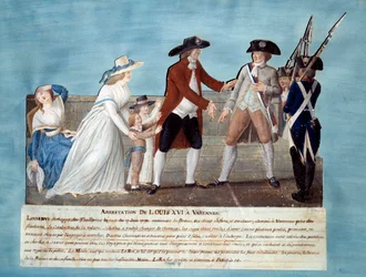 Arrestation af Ludvig XVI i Varennes den 22. juni 1791 Gouache des freres Lesueur (1700-tallet) 1791. Paris, Musee Carnavalet