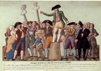 Første scene af den franske revolution i Paris: den 12/07/1789, efter kongens afskedigelse af Jacques Necker, forargede Camille Desmoulins publikum på Palais Royal og opfordrede til et oprør mod regeringen. Busterne af Jacques Necker og Louis Phil