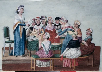 Den Franske Revolution (1789): Patriotisk kvindeklub under revolutionen. Maleri af brødrene Lesueur (18. århundrede). Paris, Musée Carnavalet.