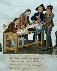 Fransk revolution: "" Borgere, der bringer skjorter, sko, strømper, tøj til at sende til frivillige rustninger""" Indgravering af brødrene Lesueur (1700-tallet). 1700-tallet. Paris, Musée Carnavalet