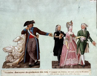 Fransk revolution: "" en hærværksmand, ødelægger af kunstværker til venstre, der håner kostumerne af to adelsmænd og en abbe, der bærer en lille hund. Gouache des freres Lesueur (1700-tallet), Musee Carnavalet, Paris