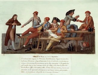 Den Franske Revolution i 1789: "En fængselsdomstol den 2. og 3. september". Satirisk fremstilling af en revolutionær domstol, hvis medlemmer ikke har nogen juridisk myndighed og pådømmer sager, mens de drikker vin og ryger. Gouache af brødrene Lesueur
