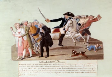 Fransk revolution i 1789: Prins af Lambesc ved Tuilerierne den 12. juli forsøgte at undertrykke de revolutionæres første demonstrationer. Gouache des freres Lesueur (1700-tallet)