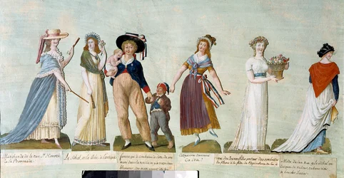 Den Franske Revolution i 1789: Damemode i den revolutionære tidsalder (revolutionær kvinde). Gouache af brødrene Lesueur (18. århundrede). Paris, Musée Carnavalet.