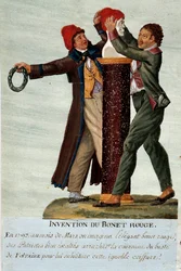 Den Franske Revolution: «Opfindelsen af den røde hue» - to revolutionære fjerner kronen fra Voltaires buste og erstatter den med en frygisk hue. Gouache af brødrene Lesueur (18. århundrede). Musée Carnavalet, Paris