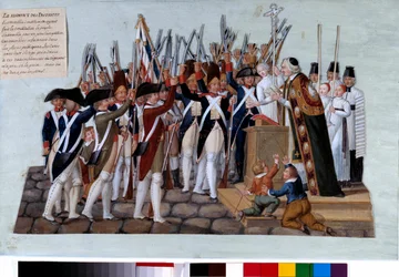 Fransk revolution: distrikternes ed. Efter forfatningens forkyndelse samledes folket på de offentlige pladser, kurerne forestod stævnerne. Gouache des freres Lesueur (1700-tallet). 1789. Paris, Musee Carnavalet