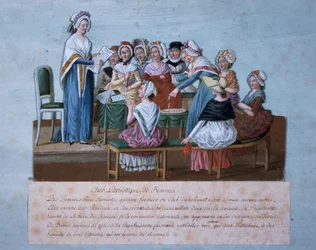 Møde i patriotisk kvindeklub, af Jean-Baptiste Lesueur, farvetryk, Frankrig, Den Franske Revolution