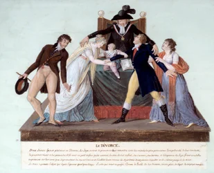 Republikansk skilsmisse: en scene for forsoning på tidspunktet for den franske revolution mellem to hustruer, der skulle skilles, den utro mand skubber sin elskerinde tilbage, mens konen krammede deres barn. 1700-tallet. Gouache des freres Lesueur, Musee C