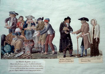 Scener under den franske revolution: "" brødmangel, pengesælger og annuitter, der sælger deres effekter"". Gouache af brødrene Lesueur, ca. 1789. Musee Carnavalet, Paris