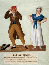 Den røde hat. En mand bærer den frygiske hue på tiden for revolutionen i 1789. Gouache af brødrene Lesueur. 18. århundrede. Musée Carnavalet, Paris