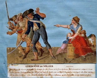 War of Vendee: "" Milhiers heltinde"". En ung kvinde truer to plyndrer med at sprænge en tønde krudt i luften, hvis de tør bevæge sig fremad. Gouache des freres Lesueur (1700-tallet) Musee Carnavalet, Paris