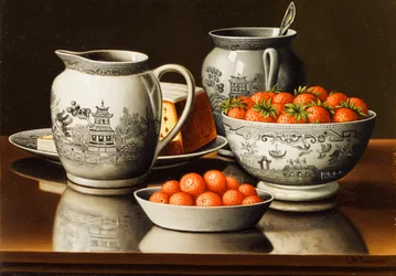 Stilleben med porcelæn og jordbær