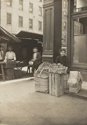 Lena Lochiavo, 11 år gammel, sælger af kurv og kringle, på Sixth Street-markedet foran saloon-indgangen, Cincinnati, Ohio, august 1908 (gelatine-sølvtryk)