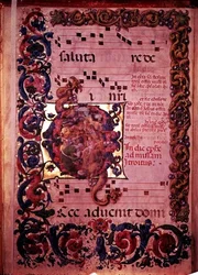 Side med musik med et historisk initialt G, der viser tilbedelsen af magi, fra en antifonal, ca. 1473-79