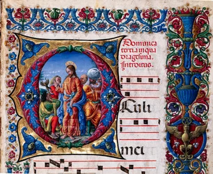 Piccolomini Bibliotek: korbog, torsk. 21.6, ff. 2r med "Uddrivelse af en uren ånd", af Liberale da Verona (ca. 1445 - 1527/9). Detalje.
