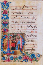Piccolomini Bibliotek: korbog, torsk. 22.7, ff. 22v med "Kristus før Pilatus", af Liberale da Verona (ca. 1445 - 1527/9).