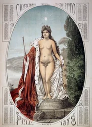 Allegori om Italien på en piedestal lavet af skatter og afgifter, fløjtens kalender, år 1878, Italien