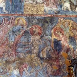 Jesu dåb, freskomaleri i kirken i Alikampos, Kreta, Grækenland (foto)
